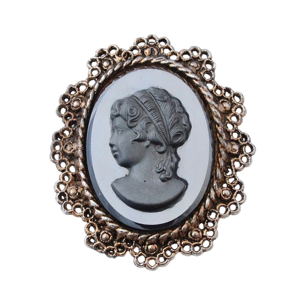 Vintage Hematite Glass Cameo Brooch / Pendant Left Facing Woman Bronze Tone